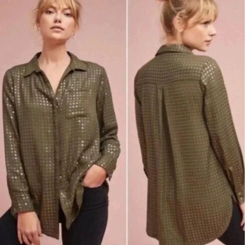 {Anthropologie} Maeve Olive Green Sequined Blouse